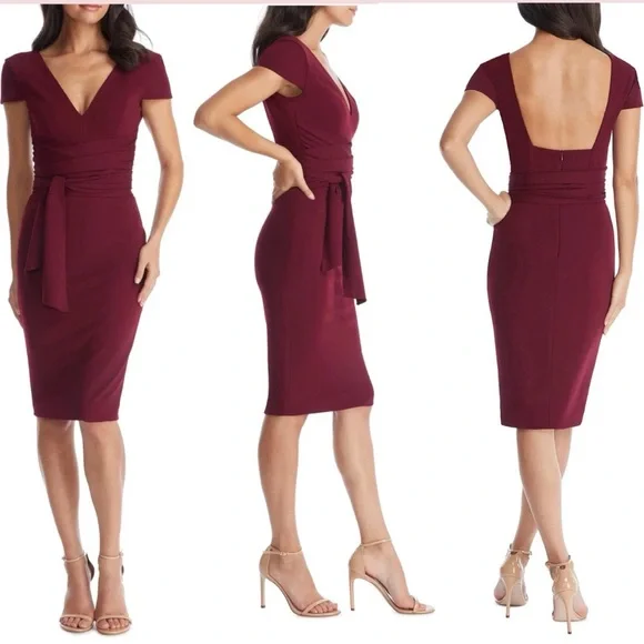 Dress the Population M Alessia Deep Red Burgundy Tie Waist Backless Dress - Picture 2 of 8